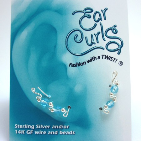 Sterling Silver Ear Curls - Aqua Blue Swarovski Crystal Beads - Click Image to Close